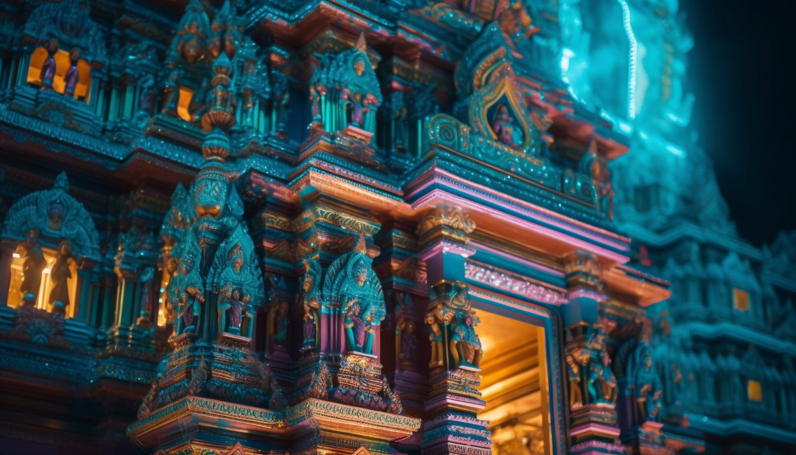 Illuminated architecture of famous Hindu temple at night generated by artificial intelligence